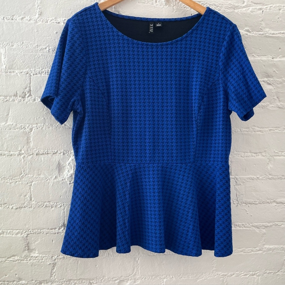 Elle Womens Peplum Top Cobalt Blue Houndstooth Print Size Large Office Modern